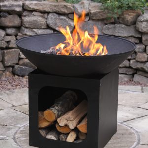 Cast-iron firebowl with log storage