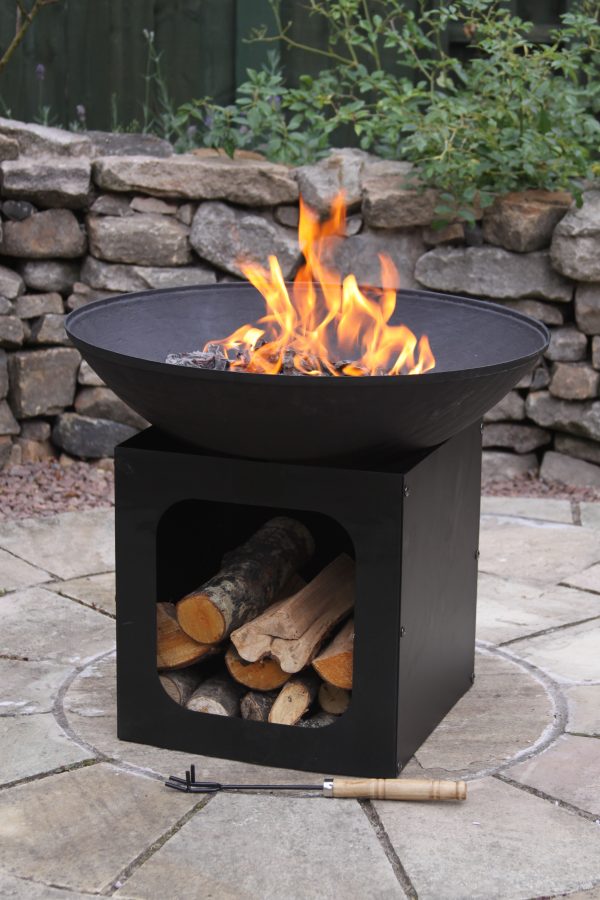 Cast-iron firebowl with log storage